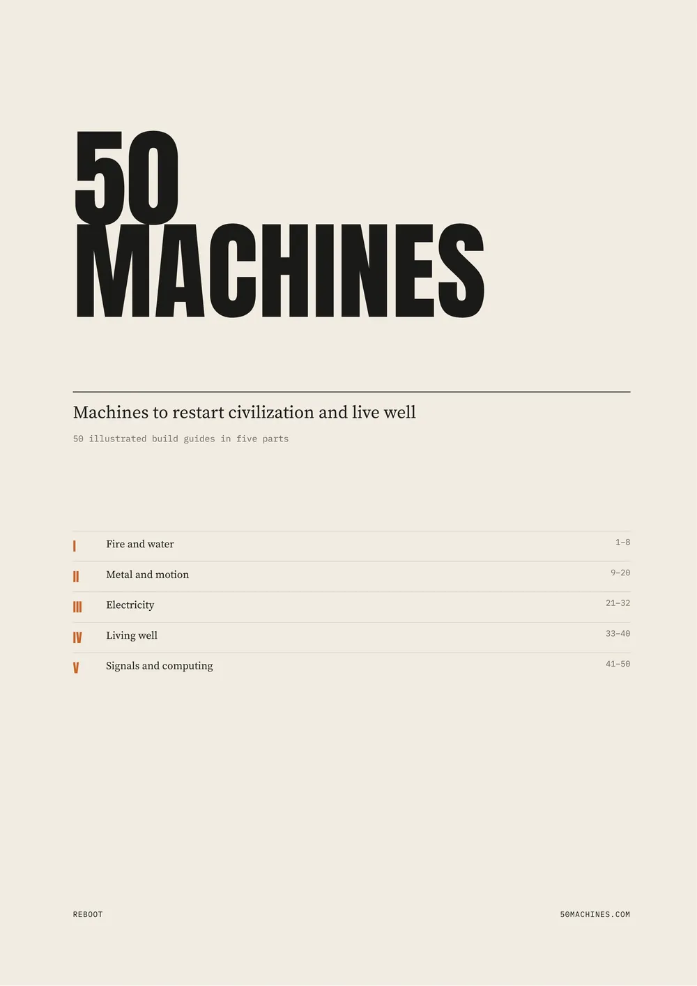 Title page: 50 Machines, machines to restart civilization and live well, with the five parts.