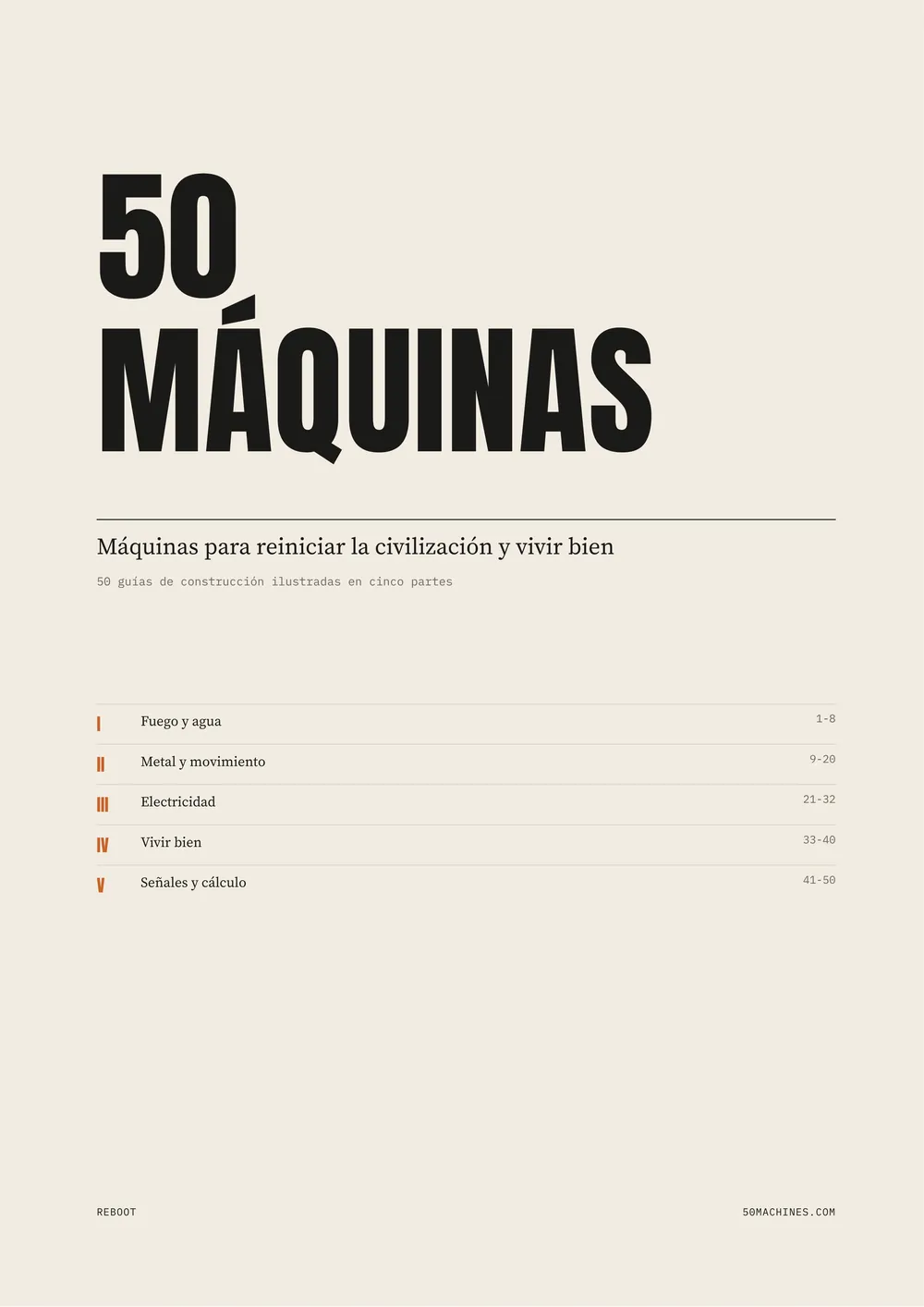 Portada interior: 50 Machines, máquinas para reiniciar la civilización y vivir bien, con las cinco partes.